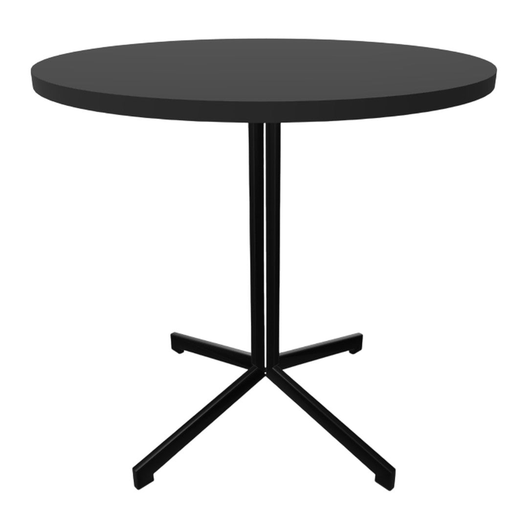 Black round table with a sleek black metal base, perfect for modern decor and minimalistic designs.
