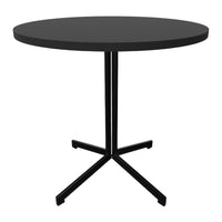 Black round table with a sleek black metal base, perfect for modern decor and minimalistic designs.