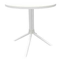 White round table with a sleek design and a glossy finish, featuring a minimalist style and sturdy white legs.