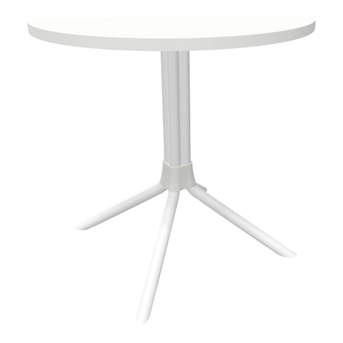 White round table with a sleek design and a glossy finish, featuring a minimalist style and sturdy white legs.