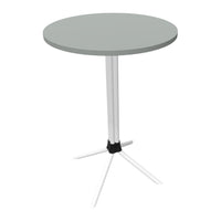Round table with a smooth light gray top and sleek white legs featuring a black accent at the base.