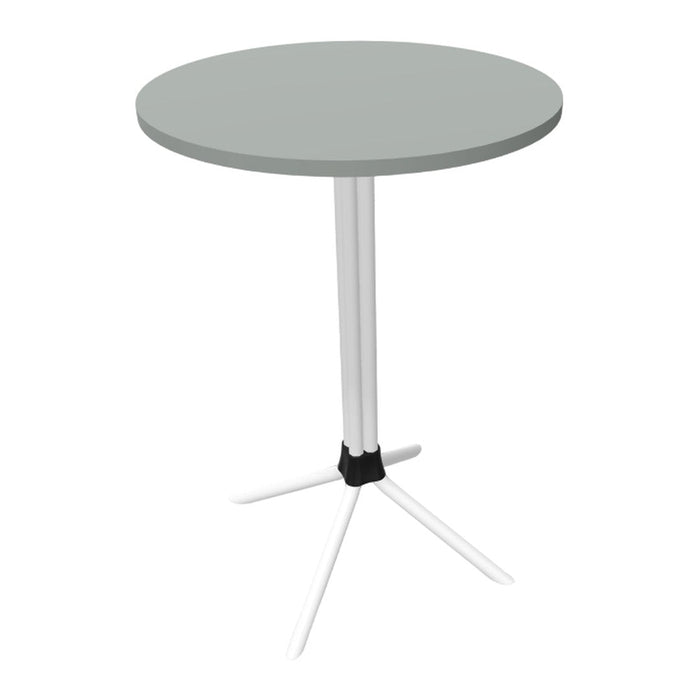 Round table with a smooth light gray top and sleek white legs featuring a black accent at the base.