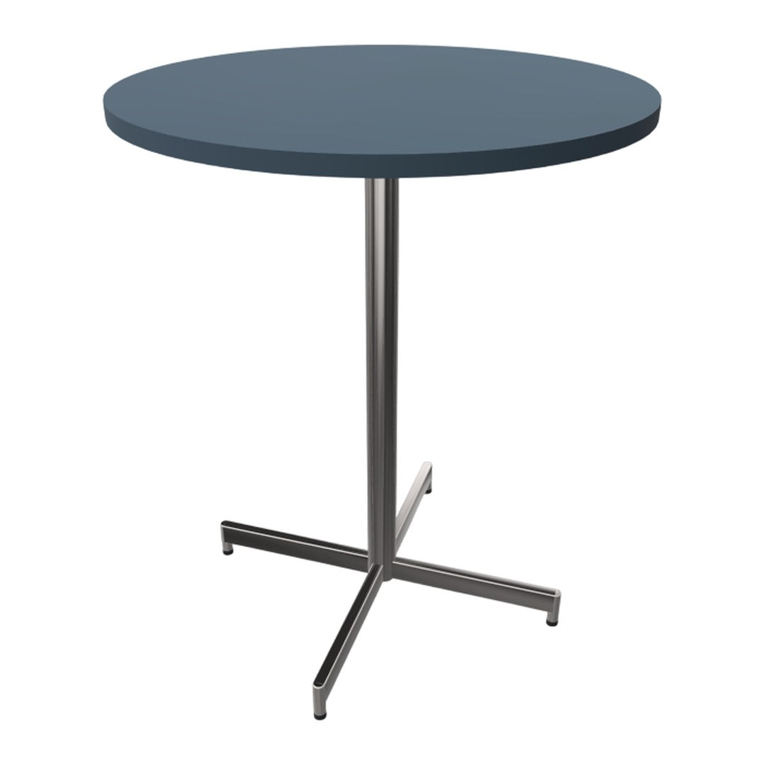 Round dark blue table with a sleek silver base, perfect for modern decor. Simple and stylish design.