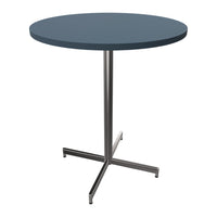 Round dark blue table with a sleek silver base, perfect for modern decor. Simple and stylish design.
