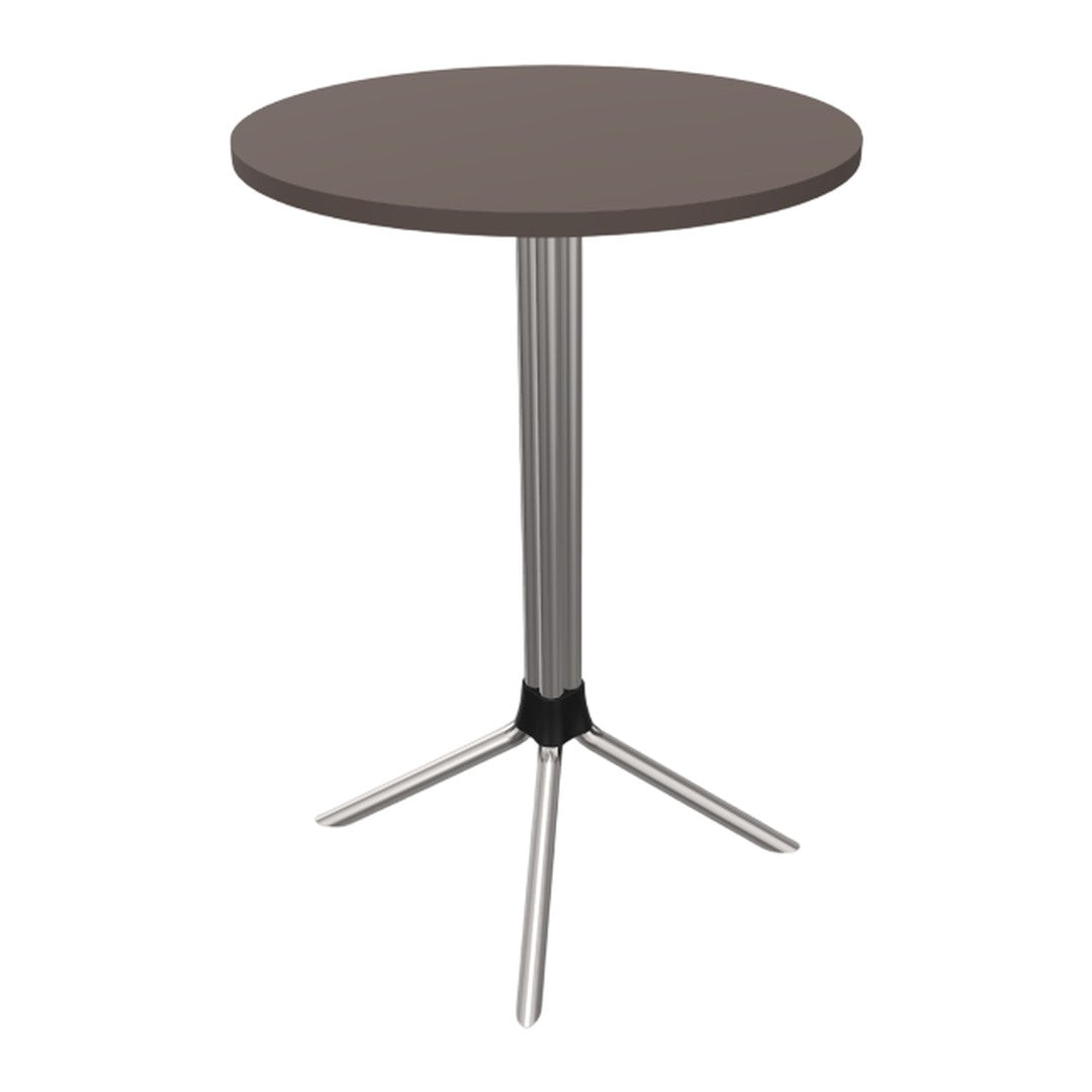 Round brown tabletop with metallic silver legs, showcasing a sleek and modern design. Perfect for minimalist spaces.