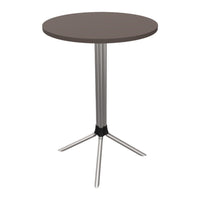 Round brown tabletop with metallic silver legs, showcasing a sleek and modern design. Perfect for minimalist spaces.