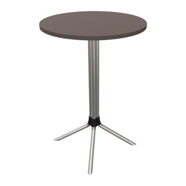 Round brown tabletop with metallic silver legs, showcasing a sleek and modern design. Perfect for minimalist spaces.