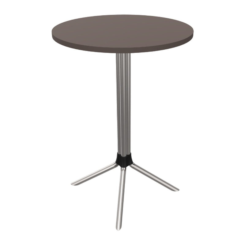 Round brown tabletop with metallic silver legs, showcasing a sleek and modern design. Perfect for minimalist spaces.