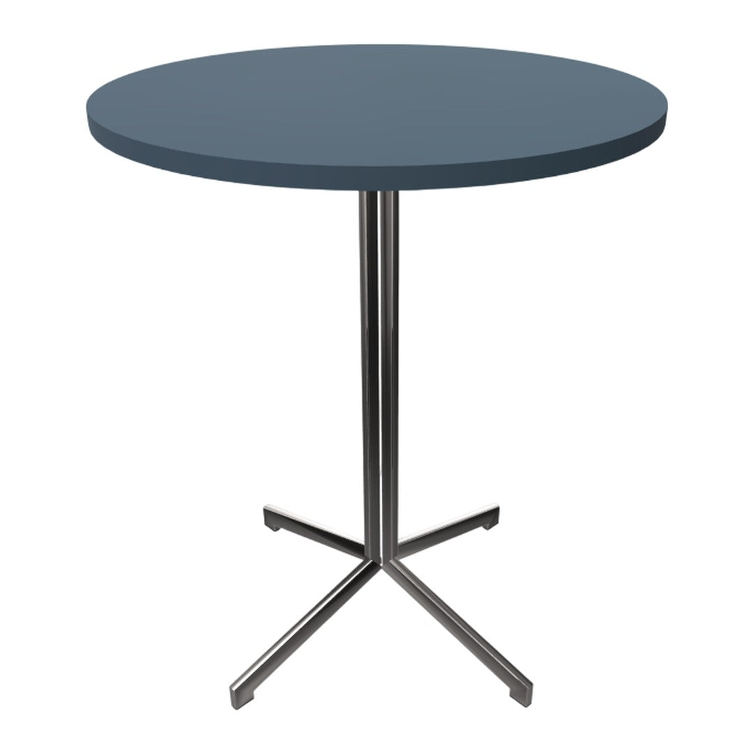 Round blue tabletop with a sleek chrome base, adding modern elegance to any space. Ideal for contemporary decor.