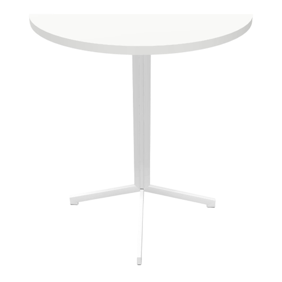 White round table with a sleek, minimalist design and sturdy three-legged base. Ideal for modern decor.