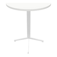 White round table with a sleek, minimalist design and sturdy three-legged base. Ideal for modern decor.