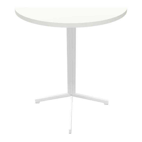 White round table with a sleek, minimalist design and sturdy three-legged base. Ideal for modern decor.