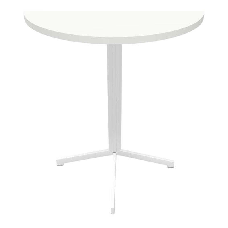 White round table with a sleek, minimalist design and sturdy three-legged base. Ideal for modern decor.