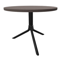 Brown round tabletop with a sleek black tripod base, featuring a minimalist design for modern decor.