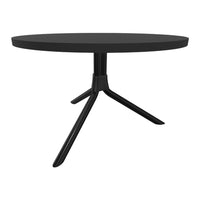 Sleek round coffee table in matte black finish with minimalist design and tripod legs. Perfect for modern decor.