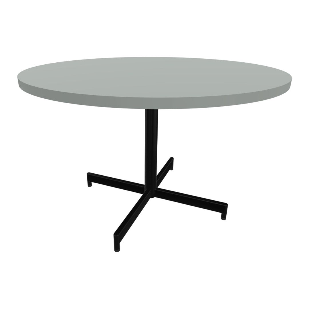 Round gray tabletop with a sleek black metal base, perfect for modern decor.
