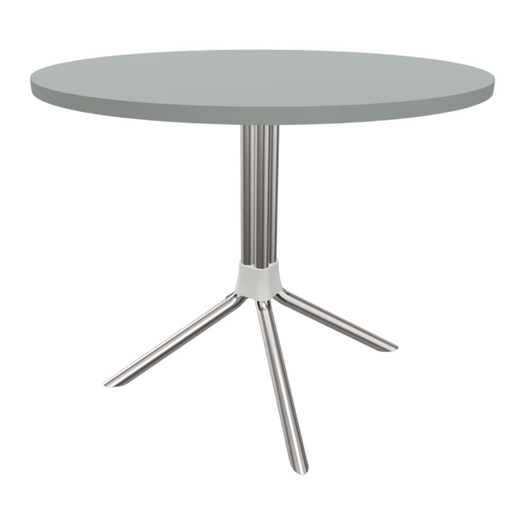 Round gray tabletop with sleek silver legs, featuring a modern minimalist design. Perfect for contemporary spaces.