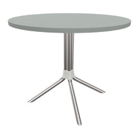 Round gray tabletop with sleek silver legs, featuring a modern minimalist design. Perfect for contemporary spaces.