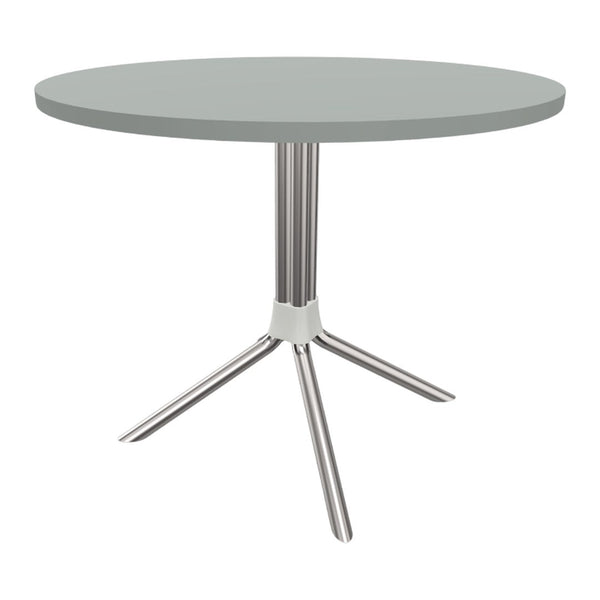 Round gray tabletop with sleek silver legs, featuring a modern minimalist design. Perfect for contemporary spaces.