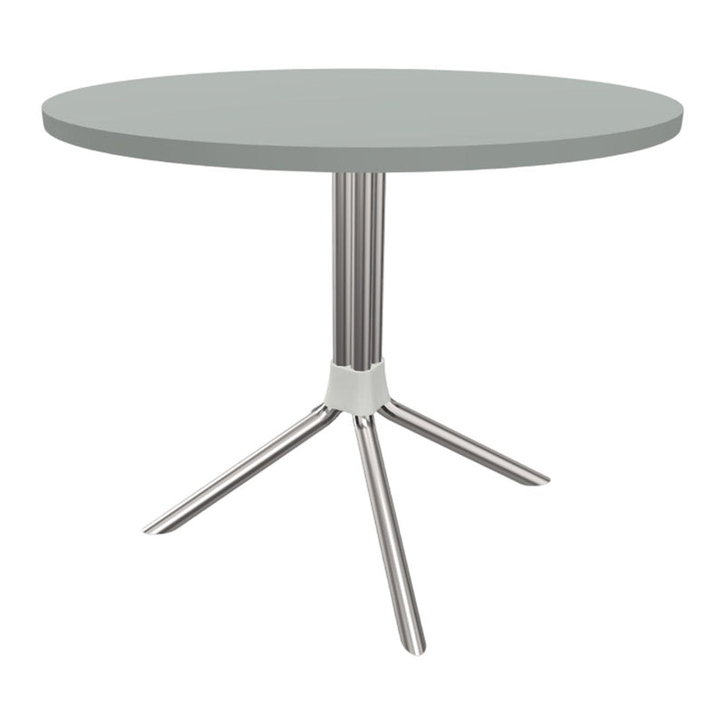 Round gray tabletop with sleek silver legs, featuring a modern minimalist design. Perfect for contemporary spaces.