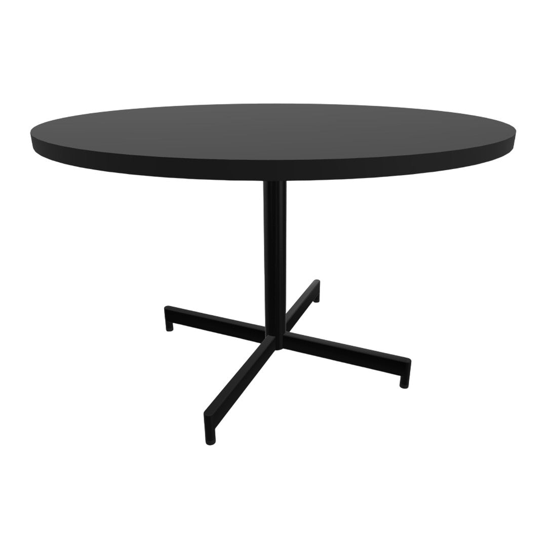 Round black tabletop with a sleek, minimalist design and sturdy black cross-base. Ideal for modern spaces.