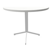 Half-moon table in sleek white finish with minimalist design and smooth surface. Perfect for modern decor.