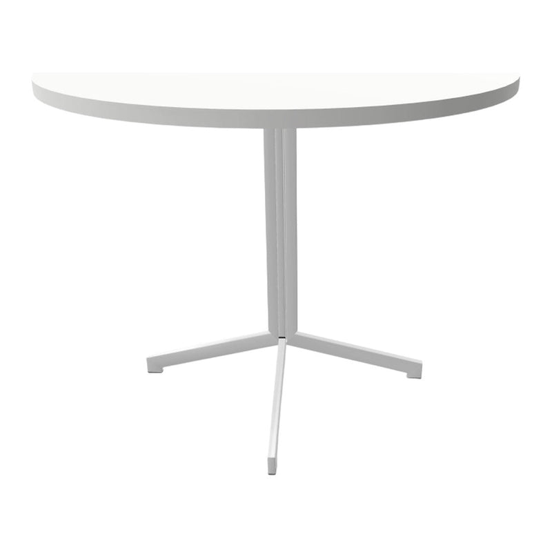 Half-moon table in sleek white finish with minimalist design and smooth surface. Perfect for modern decor.
