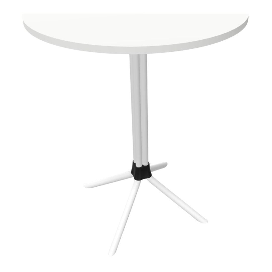 Round white table with a sleek white base and black accent, perfect for modern decor. Minimalist design with clean lines.