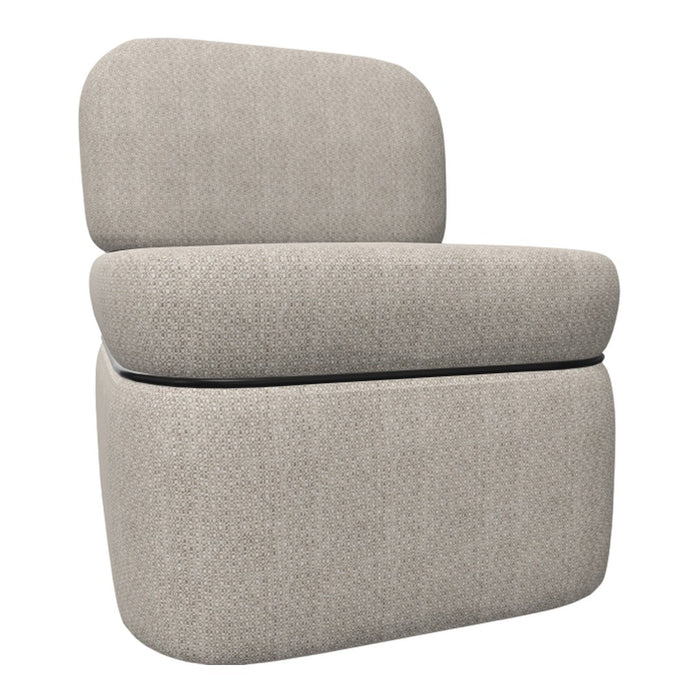 Light beige upholstered chair with subtle texture, featuring a rounded back and smooth lines for a modern look.