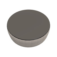 Round gray coffee table with a smooth surface and metallic finish, featuring a sleek minimalist design.
