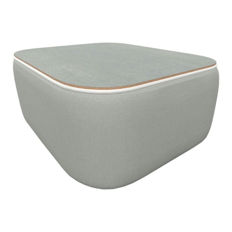 Soft grey upholstered ottoman with a smooth light green top and subtle wood trim. Elegant and modern design.