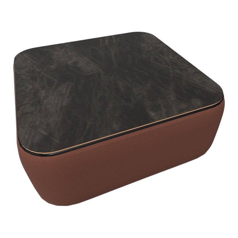 Brown upholstered base with a dark marble-patterned top and subtle gold trim accents.