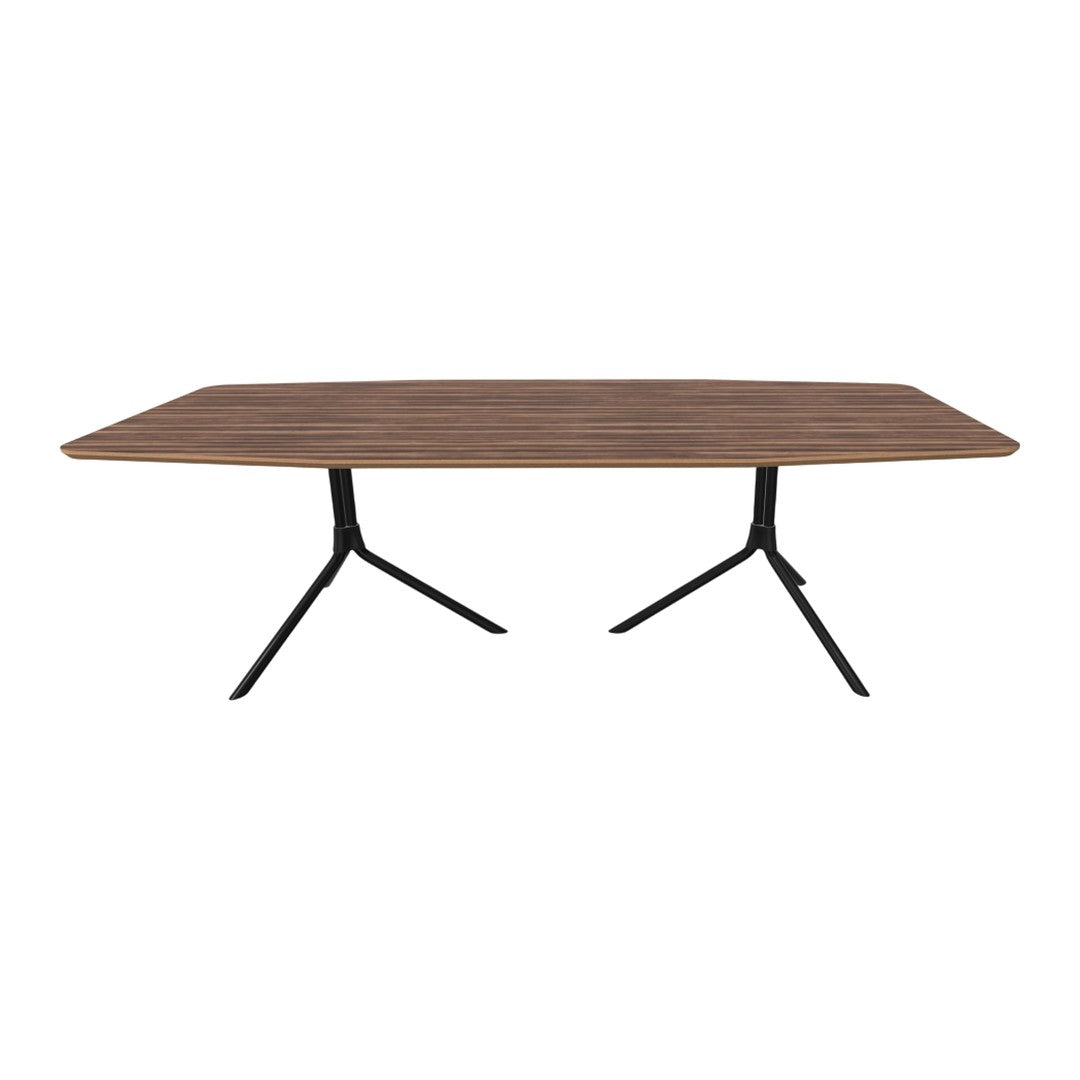 "Rectangular table with a brown wood grain pattern and black metal legs."