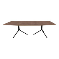 "Rectangular table with a brown wood grain pattern and black metal legs."