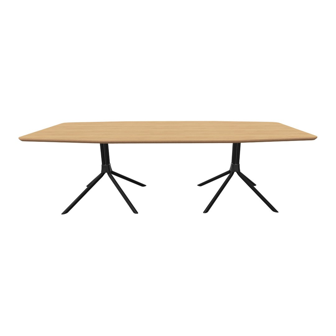 Wooden tabletop in light oak finish with sleek black metal legs for a modern, minimalistic look.