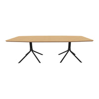 Wooden tabletop in light oak finish with sleek black metal legs for a modern, minimalistic look.