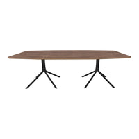 Brown striped wood tabletop with black metal legs, featuring a sleek, modern design for contemporary interiors.