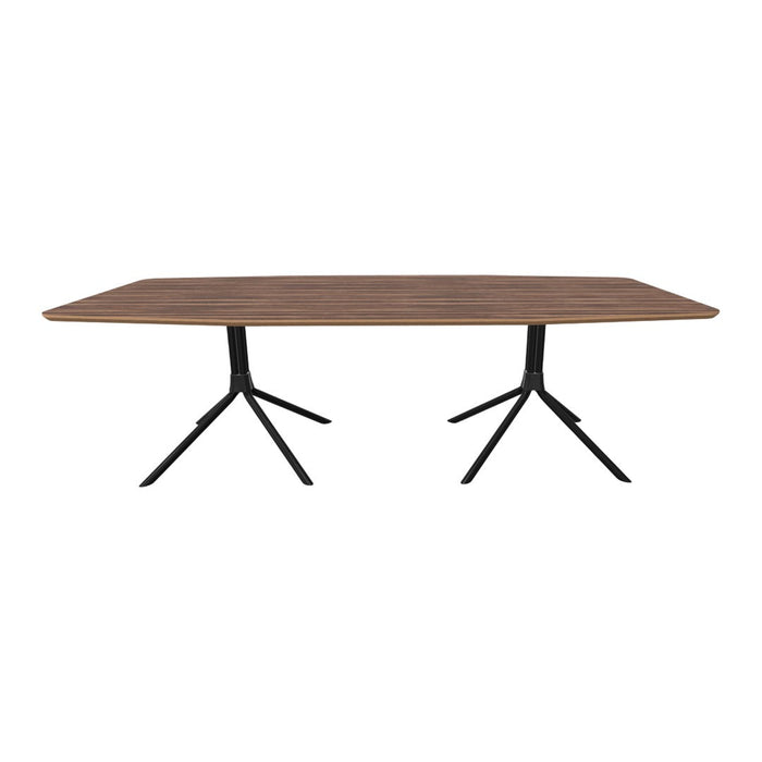 Brown striped wood tabletop with black metal legs, featuring a sleek, modern design for contemporary interiors.