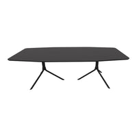 Modern black dining table with a sleek finish and angular design, perfect for contemporary interiors.