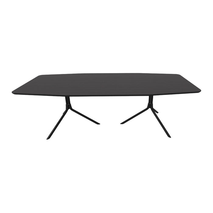 Modern black dining table with a sleek finish and angular design, perfect for contemporary interiors.