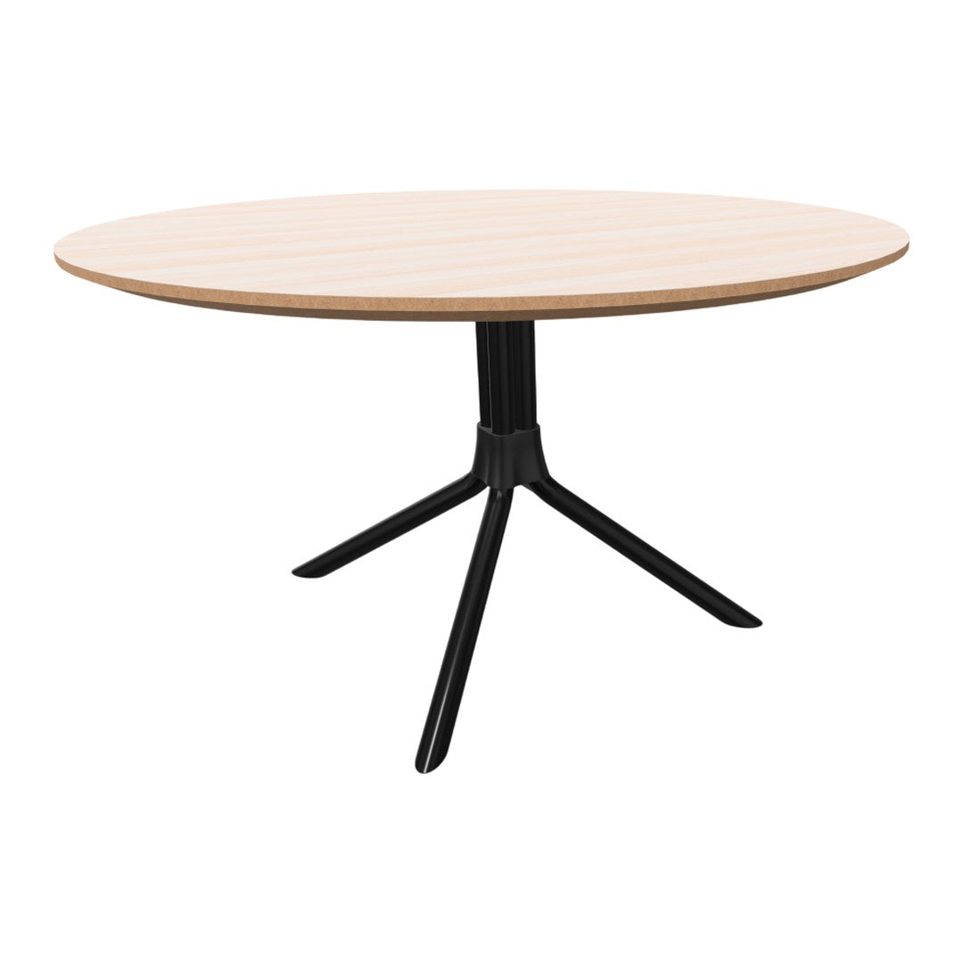 Round wooden table with a light wood grain pattern and sleek black tripod legs. Modern design for any space.