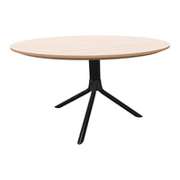 Round wooden table with a light wood grain pattern and sleek black tripod legs. Modern design for any space.