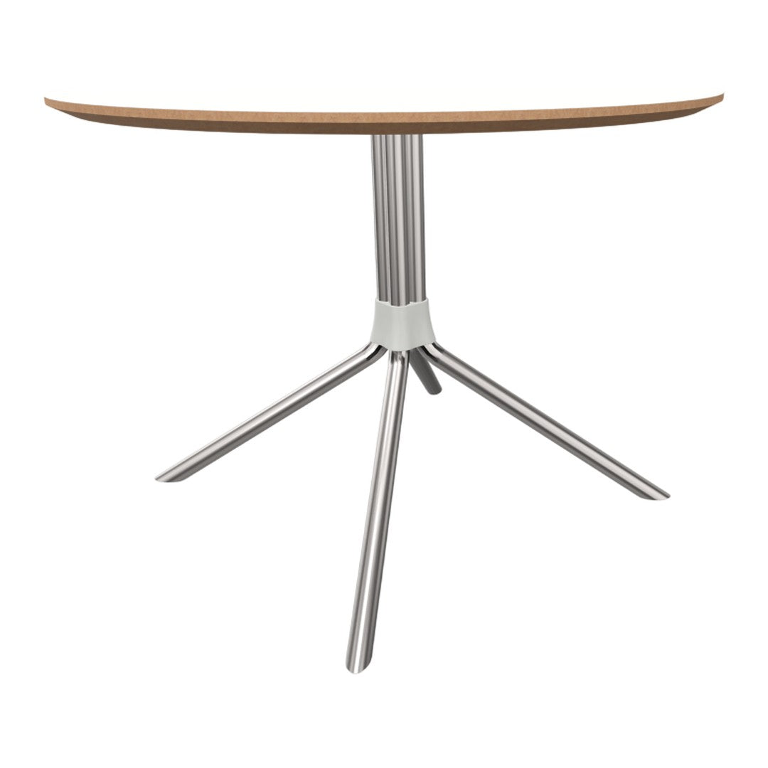 Modern round tabletop in light wood finish with sleek silver metal legs for a contemporary look.