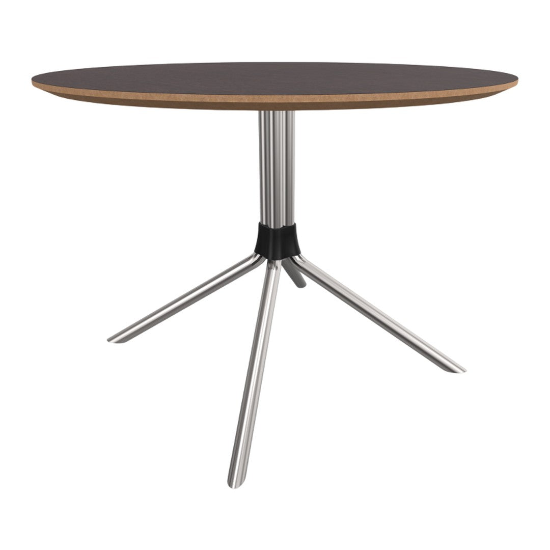 Round table with a dark wood top and sleek silver metal legs, featuring a stylish black connector. Modern and elegant design.