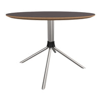 Round table with a dark wood top and sleek silver metal legs, featuring a stylish black connector. Modern and elegant design.