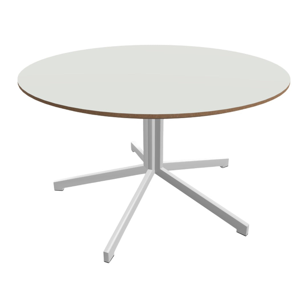 Round table featuring a white top with a natural wood edge and a sleek white base. Perfect for modern interiors.