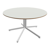 Round table featuring a white top with a natural wood edge and a sleek white base. Perfect for modern interiors.