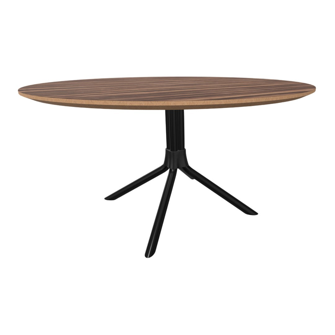 Wooden round tabletop with rich brown and black striped pattern, complemented by a sleek black metal base.