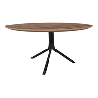 Wooden round tabletop with rich brown and black striped pattern, complemented by a sleek black metal base.