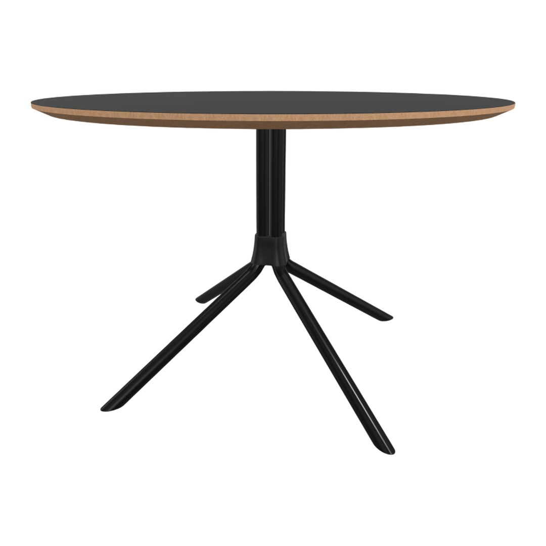 Black round table with a wooden edge and sleek black tripod legs, adding modern elegance to any space.